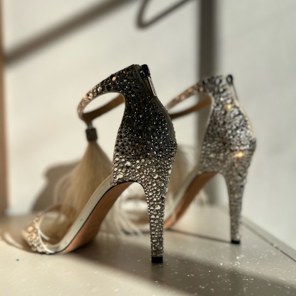 EUC JIMMY CHOO Viola Crystal Embellished feather-trimmed satin sandals $2,295 - Picture 7 of 16